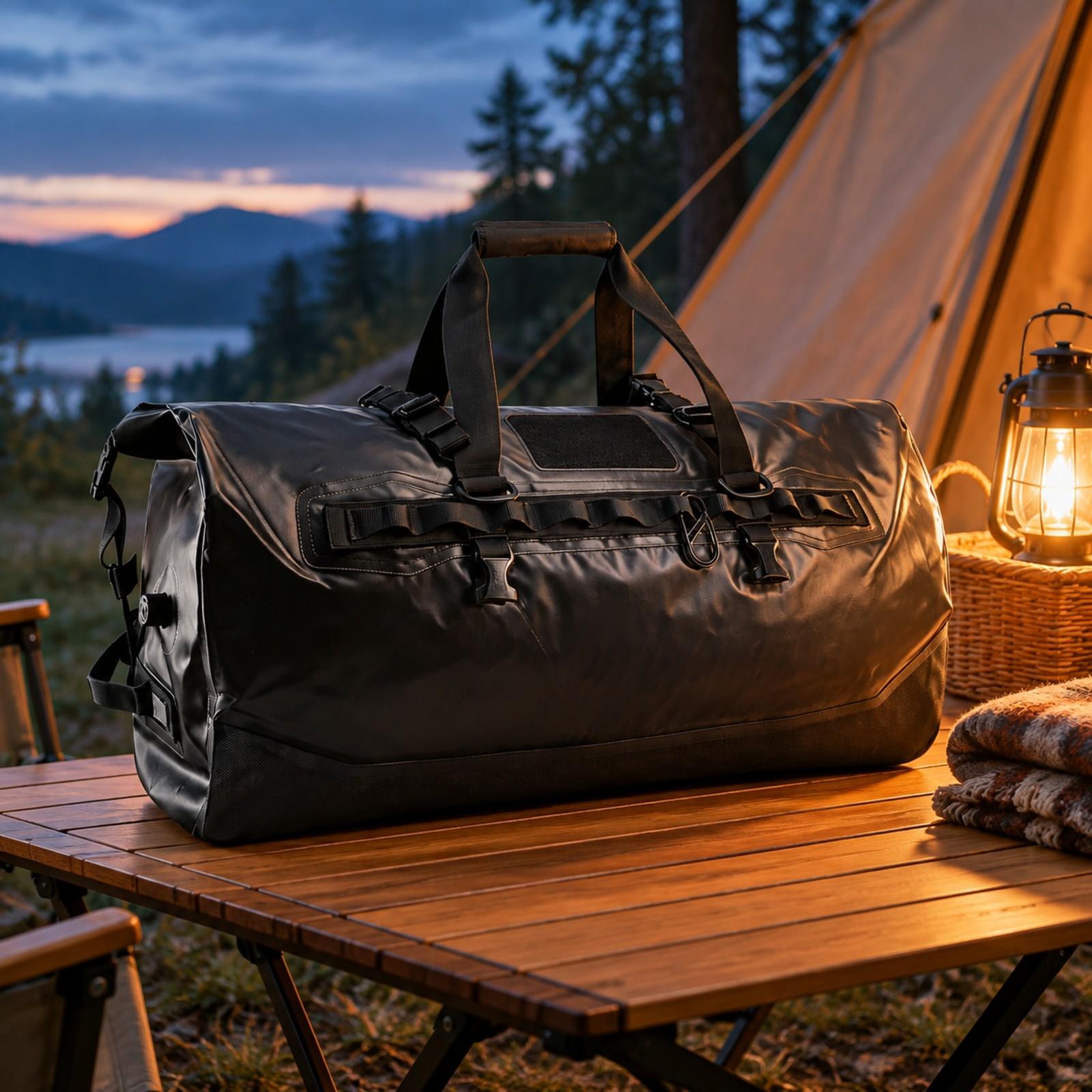 Motorcycle Tail Bag Waterproof Roll Top - バイク用リアシートに取り付けられるダッフルバッグ。防水仕様で、ロールトップ式の開閉口と調整可能なストラップが付いており、キャンプ用品やジムウェアの収納に最適。