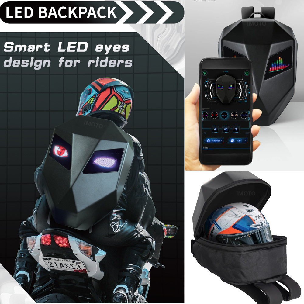 Motorcycle Helmet Backpack Waterproof Led - 騎士乗馬用バックパック、目付きオートバイヘルメット、フルフェイスヘルメット、Bluetoothアプリ制御、防水LEDハードケース、ラップトップバッグ、plecak（ポリカーボネート製）