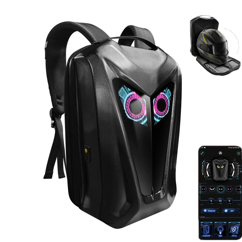 Motorcycle Helmet Backpack Waterproof Led - LEDスクリーンバックパック、フクロウ自転車バックパック、プログラム可能なDIYバッグ、アプリ制御、バイクヘルメットバッグ、ハードシェルスクールバッグ