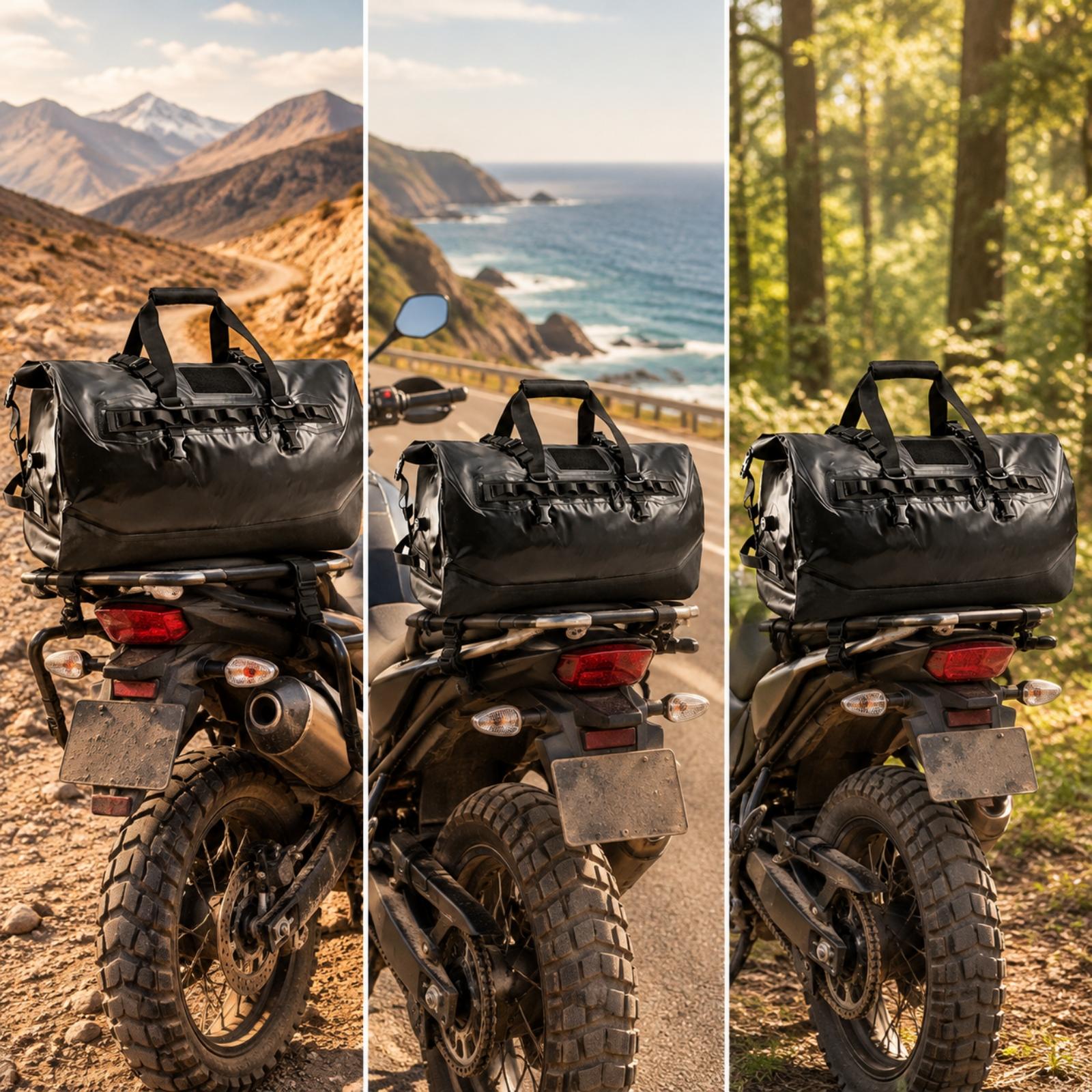 Motorcycle Tail Bag Waterproof Roll Top - ロールトップ式のバイク用リアシートバッグ。防水仕様で、ストラップ付き。バイクツーリング、キャンプ、ジム、普段使いに最適。